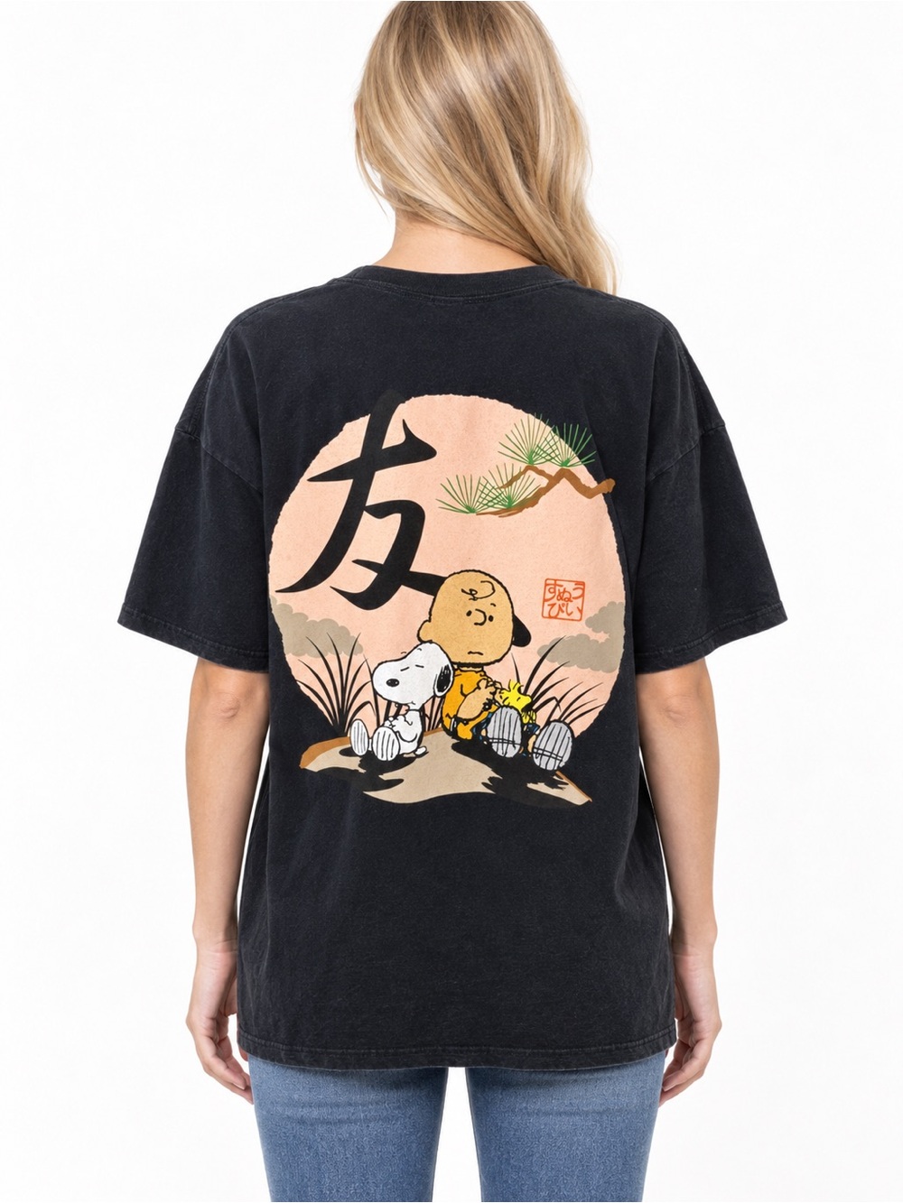 Peanuts Snoopy Charlie Brown Japanese Theme Graphic T-Shirt Black Size XL Unisex
